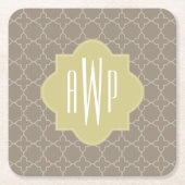 ブラウンのクローバーのモノグラム スクエアペーパーコースター (正面)