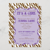 ブラウンのシマウマのプリントの紫色のリボンのベビーシャワーの招待 招待状 (正面/裏面)