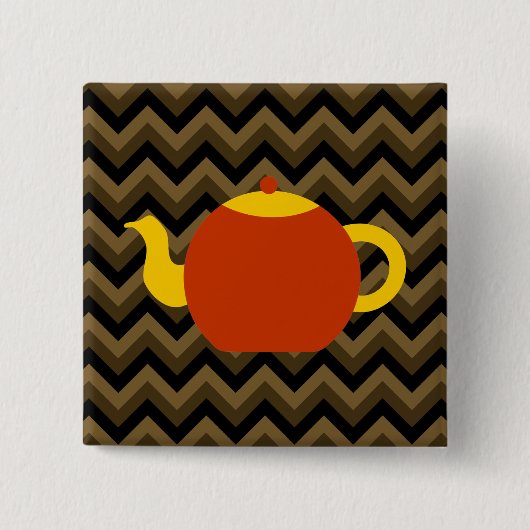 ブラウンのジグザグ形の赤いティーポット 缶バッジ (正面)