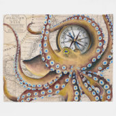 ブラウンのタコのヴィンテージの地図のコンパス フリースブランケット (正面(横))