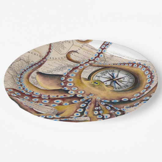 ブラウンのタコのヴィンテージの地図のコンパス ペーパープレート (アングル)