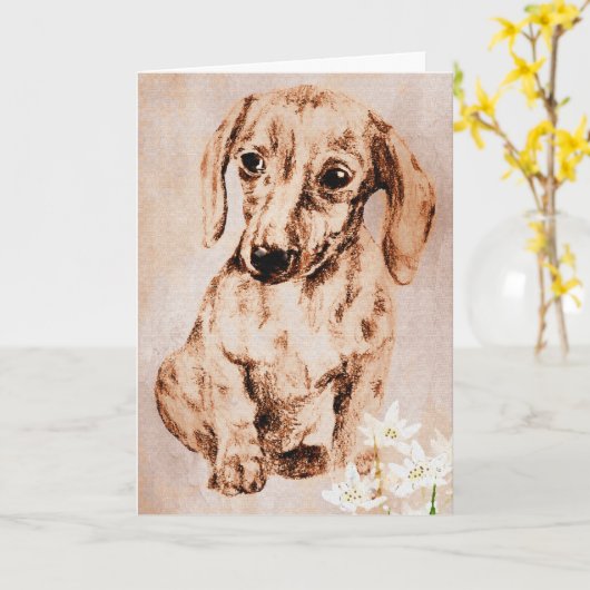 ブラウンのダックスフントおよびEdelweissの挨拶状 カード (黄色い花)