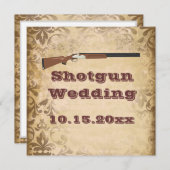 ブラウンのダマスク織の結婚式招待状を結婚する散弾銃 招待状 (正面/裏面)