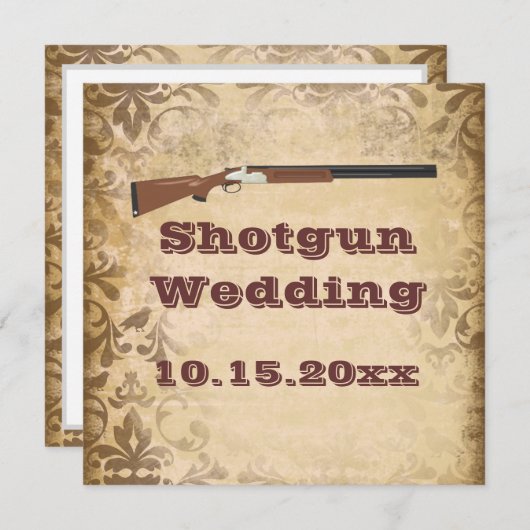 ブラウンのダマスク織の結婚式招待状を結婚する散弾銃 招待状 (正面/裏面)