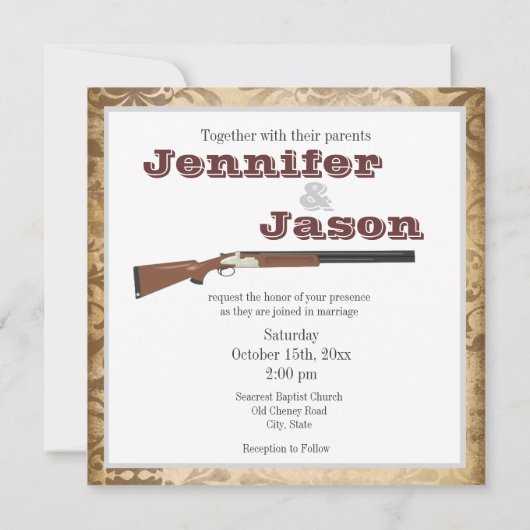 ブラウンのダマスク織の結婚式招待状を結婚する散弾銃 招待状 (裏面)
