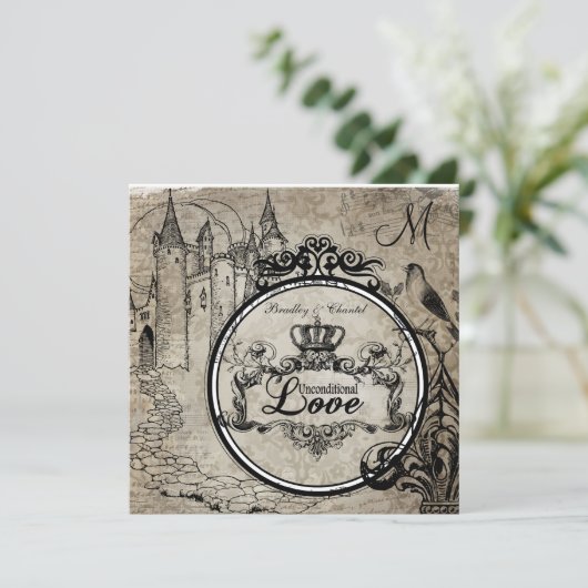 ブラウンのダマスク織無条件愛結婚式の招待 招待状 (スタンド正面)