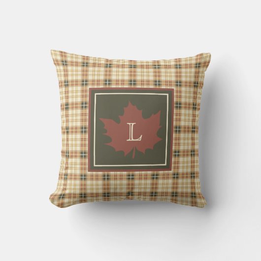 ブラウンのチェック柄パターン 秋のマップルリーフ モノグラム クッション (正面)