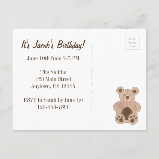 ブラウンのテディベアの誕生日パーティーへようこそ インビテーションポストカード (裏面)