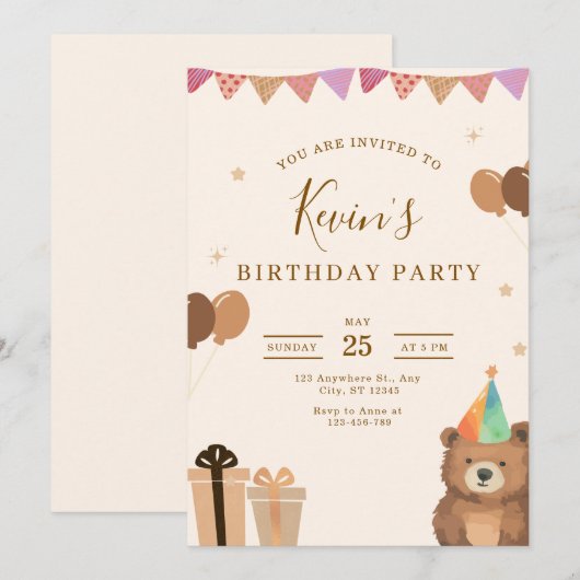 ブラウンのテディベアの誕生日招待状、キュートでニュートラル 招待状 (正面/裏面)
