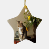 ブラウンのピアノで置かれている黒い虎猫猫は開花します セラミックオーナメント (右)