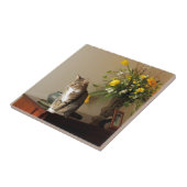 ブラウンのピアノで置かれている黒い虎猫猫は開花します タイル (側面)