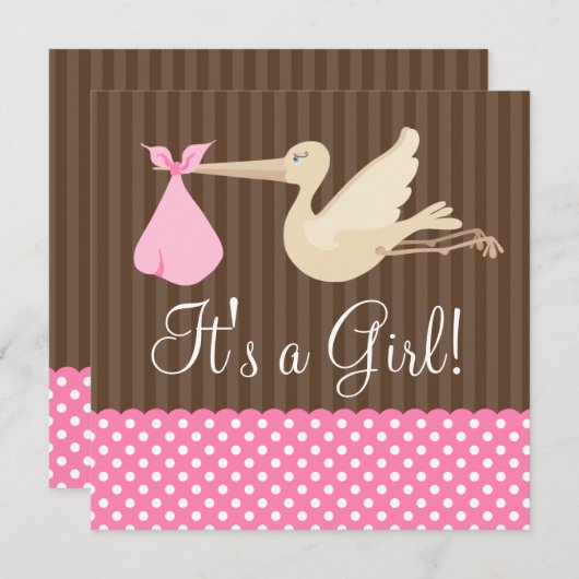 ブラウンのピンクのこうのとりは女の子のベビーシャワーに点を打ちます 招待状 (正面/裏面)