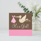 ブラウンのピンクのこうのとりは女の子のベビーシャワーに点を打ちます 招待状 (スタンド正面)
