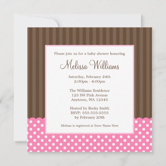 ブラウンのピンクのこうのとりは女の子のベビーシャワーに点を打ちます 招待状 (裏面)