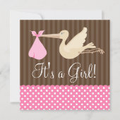 ブラウンのピンクのこうのとりは女の子のベビーシャワーに点を打ちます 招待状 (正面)
