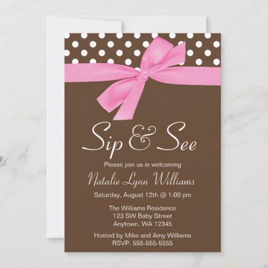 ブラウンのピンクの水玉模様がすすり、曲がるのを見て下さい 招待状 (正面)