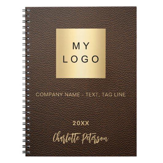 ブラウンのフェイクレザー名ビジネスロゴ ノートブック (正面)