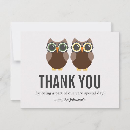 ブラウンのフクロウのデザインの結婚式のサンキューカード サンキューカード (正面)