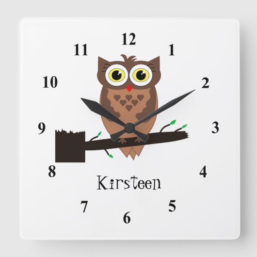 ブラウンのフクロウの時計 スクエア壁時計 (正面)
