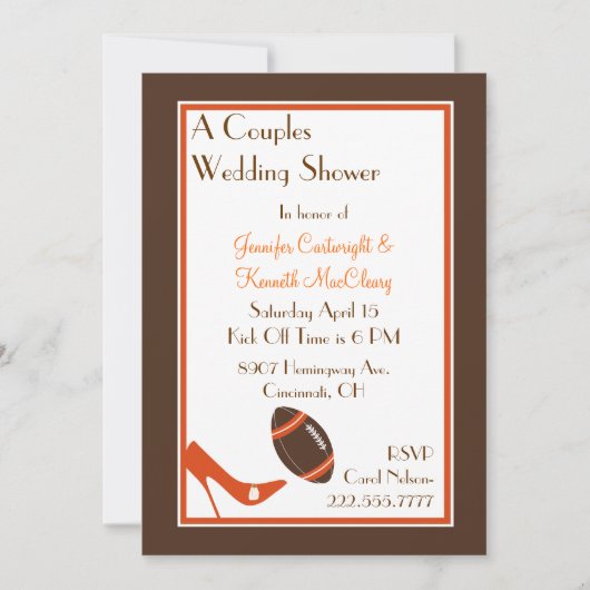 ブラウンのフットボールはウェディングシャワーの招待状をつなぎます 招待状 (正面)