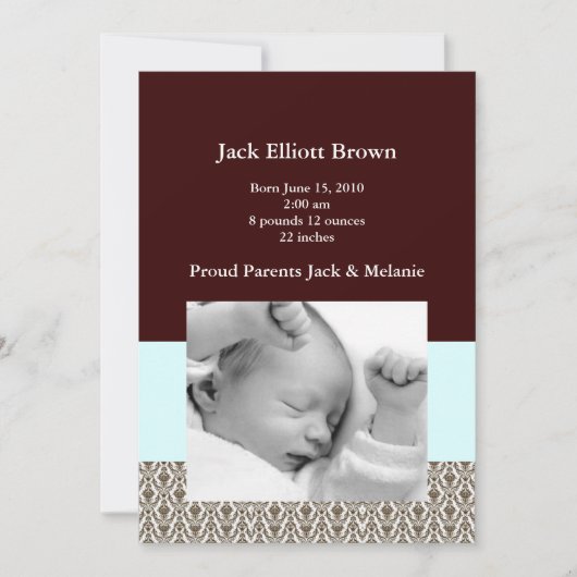 ブラウンのブロケード及びSeafoamの緑の誕生の発表 案内状 (正面)