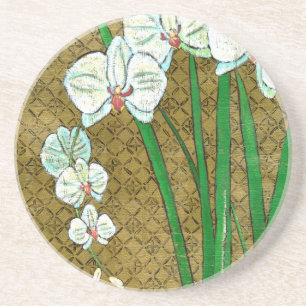 ブラウンのボーダーの白い花そして緑の茎 コースター