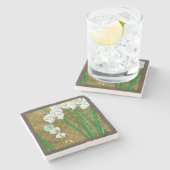 ブラウンのボーダーの白い花そして緑の茎 ストーンコースター (横)