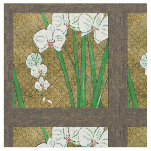 ブラウンのボーダーの白い花そして緑の茎 ファブリック (クローズアップ)