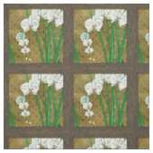 ブラウンのボーダーの白い花そして緑の茎 ファブリック (見本)