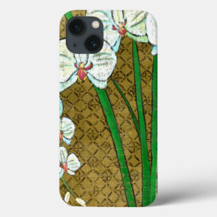 ブラウンのボーダーの白い花そして緑の茎 iPhone 13ケース