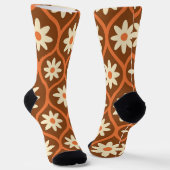 ブラウンのヴィンテージ+アーチ+葉脈模様の白い花 ソックス (傾斜あり)