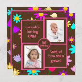 ブラウンの写真の最初誕生日のカラフルな花 招待状 (正面/裏面)