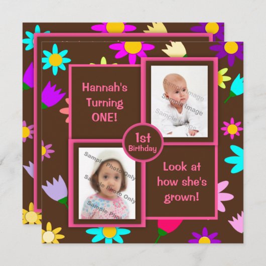 ブラウンの写真の最初誕生日のカラフルな花 招待状 (正面/裏面)