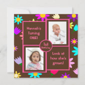 ブラウンの写真の最初誕生日のカラフルな花 招待状 (正面)