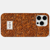 ブラウンの型押しレザーモノグラム Case-Mate iPhoneケース (裏面 (横))