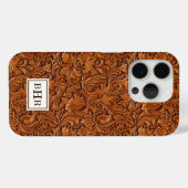 ブラウンの型押しレザーモノグラム Case-Mate iPhoneケース (裏面 (横))