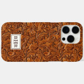 ブラウンの型押しレザーモノグラム Case-Mate iPhoneケース (裏面 (横))