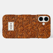 ブラウンの型押しレザーモノグラム Case-Mate iPhoneケース (裏面 (横))