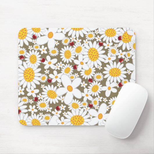 ブラウンの夏の白いデイジーそして赤いてんとう虫 マウスパッド (マウス)