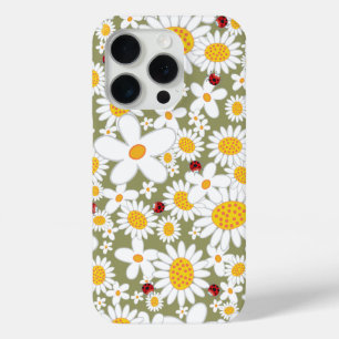 ブラウンの夏の白いデイジーそして赤いてんとう虫 iPhone 15 PROケース