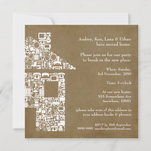 ブラウンの家の家の引っ越し祝いパーティーのパーティの招待状 招待状 (裏面)