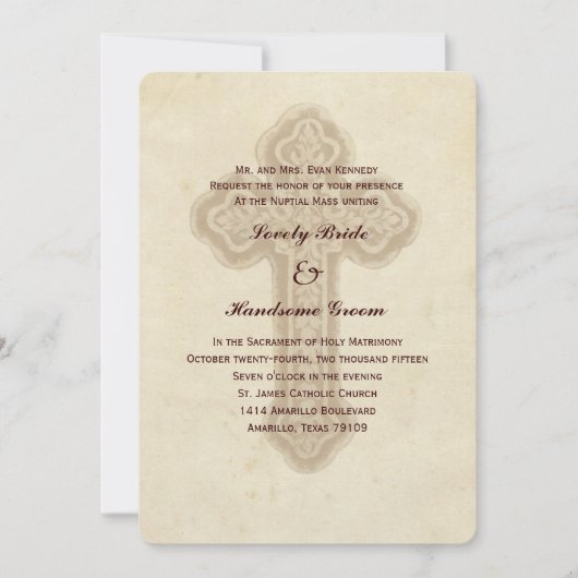 ブラウンの旧式な十字のカトリック教の結婚式招待状 招待状 (正面)