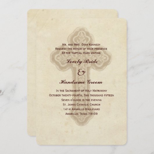 ブラウンの旧式な十字のカトリック教の結婚式招待状 招待状 (正面/裏面)