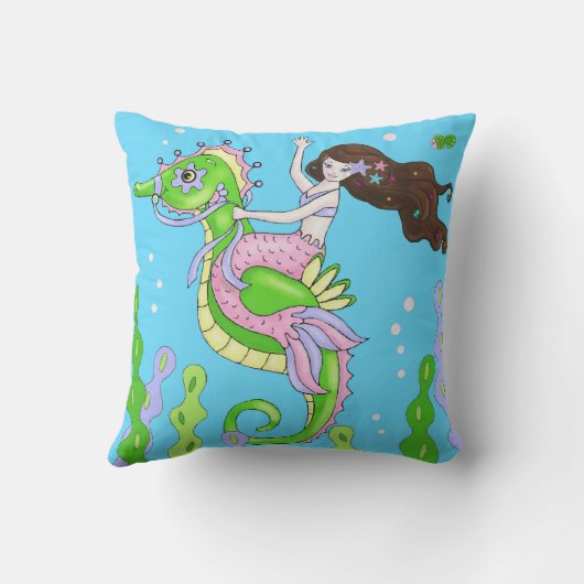 ブラウンの毛の人魚かピンクのタコの枕 クッション (裏面)