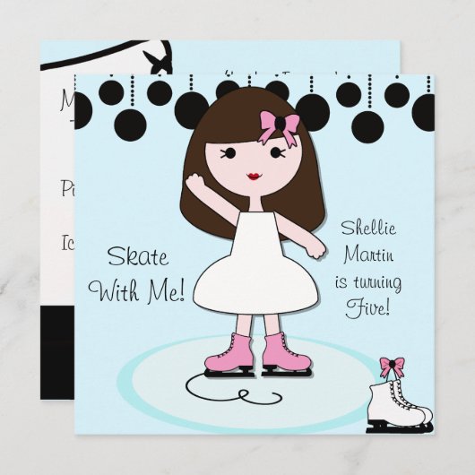 ブラウンの毛の女の子のアイススケートのパーティの招待状 招待状 (正面/裏面)