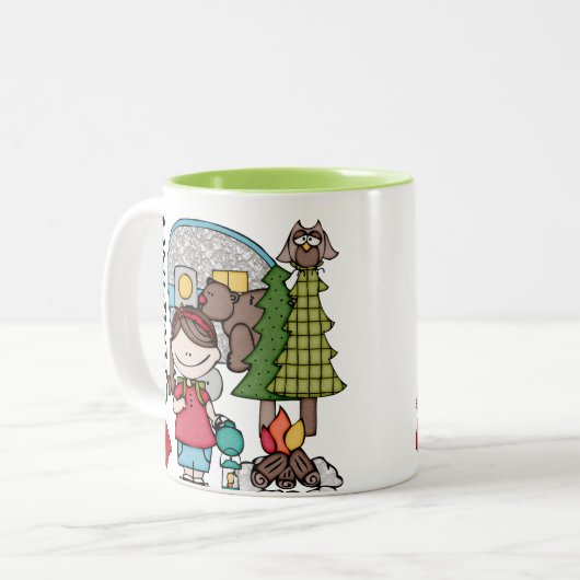 ブラウンの毛の女の子I愛キャンプ ツートーンマグカップ (正面左)