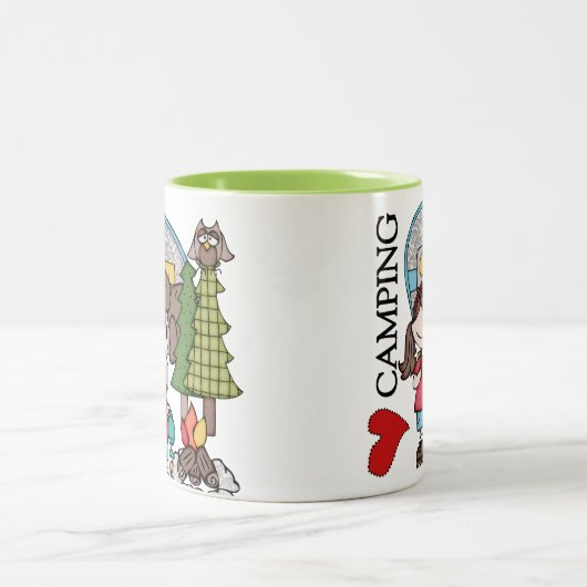 ブラウンの毛の女の子I愛キャンプ ツートーンマグカップ (中央)
