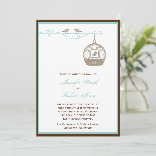 ブラウンの水の結婚式招待状のヴィンテージの鳥かご 招待状 (スタンド正面)