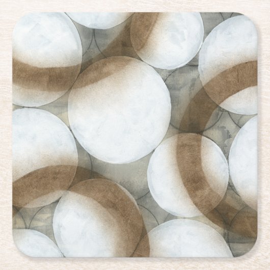 ブラウンの白い球体及び円 スクエアペーパーコースター (正面)