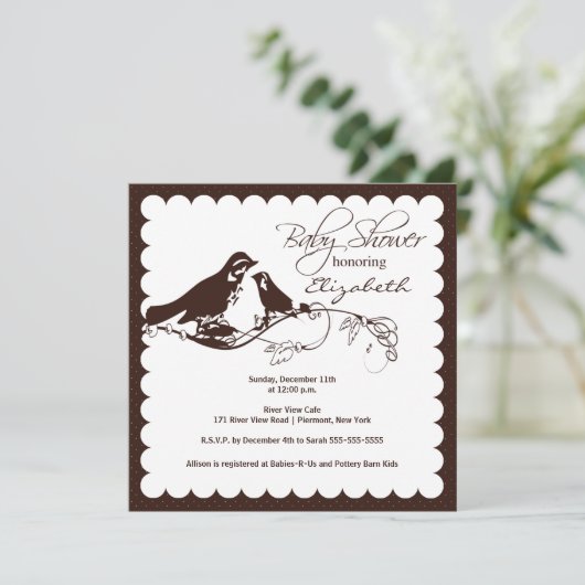 ブラウンの粋なお母さん及びひな鳥のベビーシャワー 招待状 (スタンド正面)